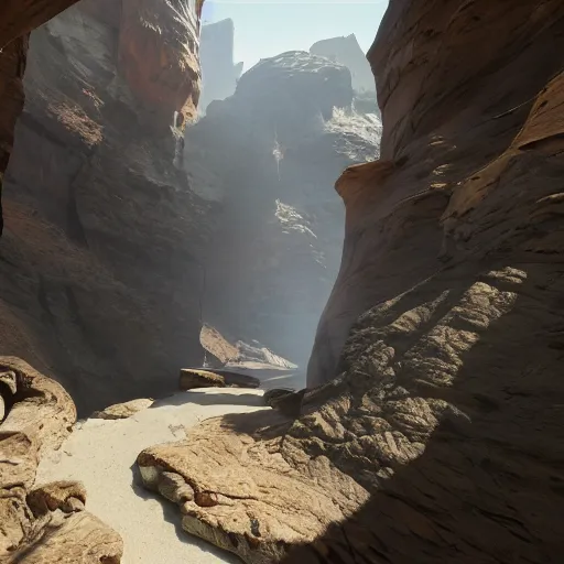 Image similar to pathway canyon in between mountains, unreal engine, high detail, realism, award winning, detailed lighting