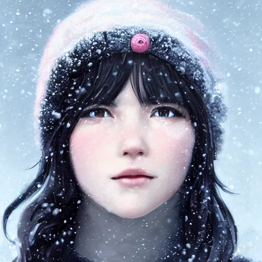 Image similar to a pink and black haired girl wearing a beanie in the snow, digital art, 8 k resolution, unreal engine, highly detailed, pretty face, very beautiful face, very detailed eyes, photorealistic by wlop, greg rutkowski