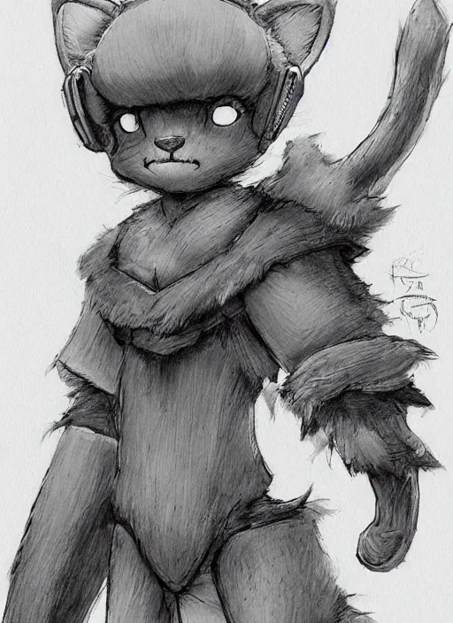 Image similar to beautiful little cat wearing an cyborg bear suit, artwork in kentaro miura and made in abyss and rosdraws and codename : kids next door, smooth, beautiful lightness, anatomically correct, trending on pixiv, forest