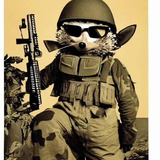 Prompt: still image of an anthropomorphic hedgehog soldier wearing military gear, the hedgehog is holding a rifle, photo