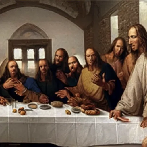 Image similar to vin diesel granny shifting in the last supper in the middle of a girth quake