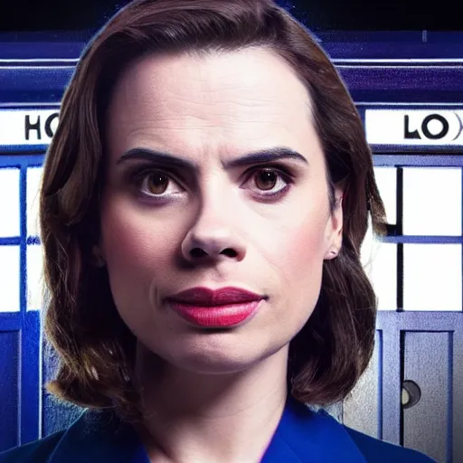 Prompt: a beautiful full body photograph of hayley atwell dressed as doctor who standing in front of the tardis, symmetrical face, extreme realism and detail, 8 k, completely framed, direct lighting, 3 5 mm photo, photorealistic, sharp focus