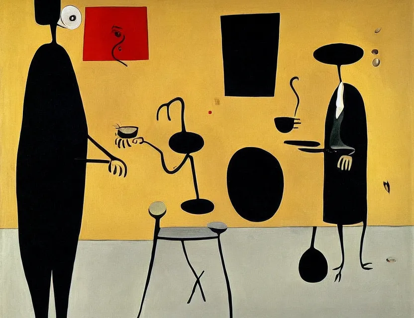 Image similar to a painting of a old and strange dusty professor in black suite making a study of drinking 1 0 cups of black coffee in a kitchen that is slowly melting, styled and painted by joan miro and giorgio de chirico