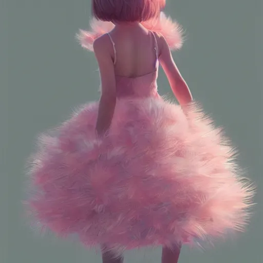 Image similar to little girl wearing an dress made of baby pink feathers, art by ilya kuvshinov, 8 k, concept art, gracious, realistic cgi