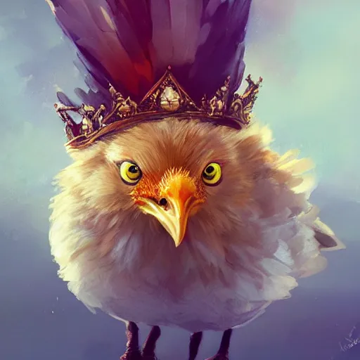 Prompt: a chicken animal wearing a small golden crown on its head. By Makoto Shinkai, Stanley Artgerm Lau, WLOP, Rossdraws, James Jean, Andrei Riabovitchev, Marc Simonetti, krenz cushart, Sakimichan, trending on ArtStation, digital art. Animal photo.