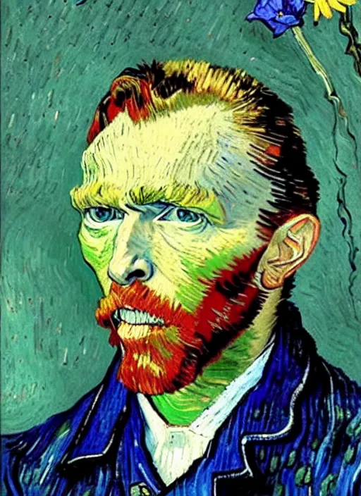 Image similar to hyper realistic vincent van gogh holding a flower drawn by chiara bautista and norman rockwell and greg rutkowski weta studio, and lucasfilm