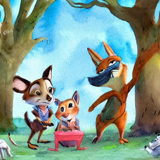 Image similar to Storybook illustration of anthropomorphic animal children playing in the park, watercolor style, Zootopia