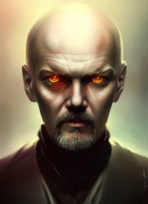 Image similar to « a portrait o cyberpunk vladimir lenin, glowing eyes, a digital painting by charlie bowater, featured on cgsociety, fantasy art, behance hd, wiccan, artstation hd »