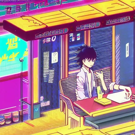 Prompt: seedy internet cafe, sprite, vaporwave nostalgia, directed by beat takeshi, visual novel cg, 8 0 s anime vibe, kimagure orange road, maison ikkoku, initial d, sketch by osamu tezuka, directed by makoto shinkai and beat takeshi, 4 k ultra hd