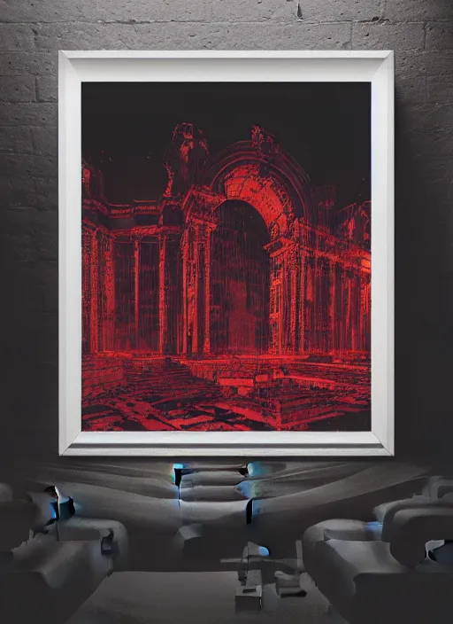 Image similar to dark design poster showing a majestic roman city, black background with very subtle red and purple design elements, powerful, nekro, vito acconci, thin straight lines, dark, glitch art, neo vaporwave, gritty, layout frame, square, trending on artstation