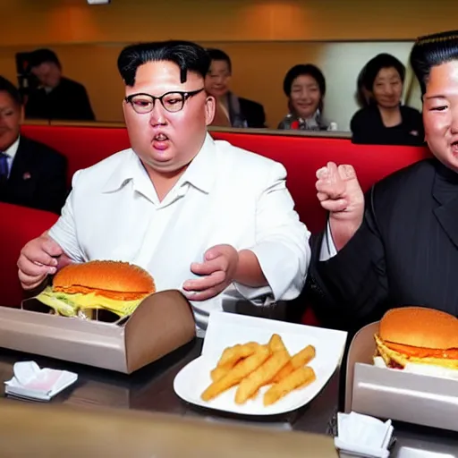 Prompt: donald trump and kim jong un shaking hands while eating burgers at mcdonalds