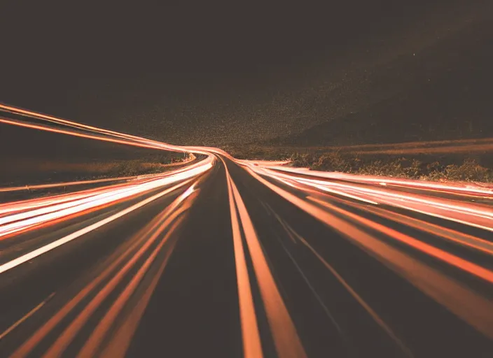 Image similar to a 2 8 mm macro photo of trailing streaked car lights on a winding mountain highway, long exposure at night, splash art, movie still, bokeh, canon 5 0 mm, cinematic lighting, dramatic, film, photography, golden hour, depth of field, award - winning, anamorphic lens flare, 8 k, hyper detailed, 3 5 mm film grain, hazy