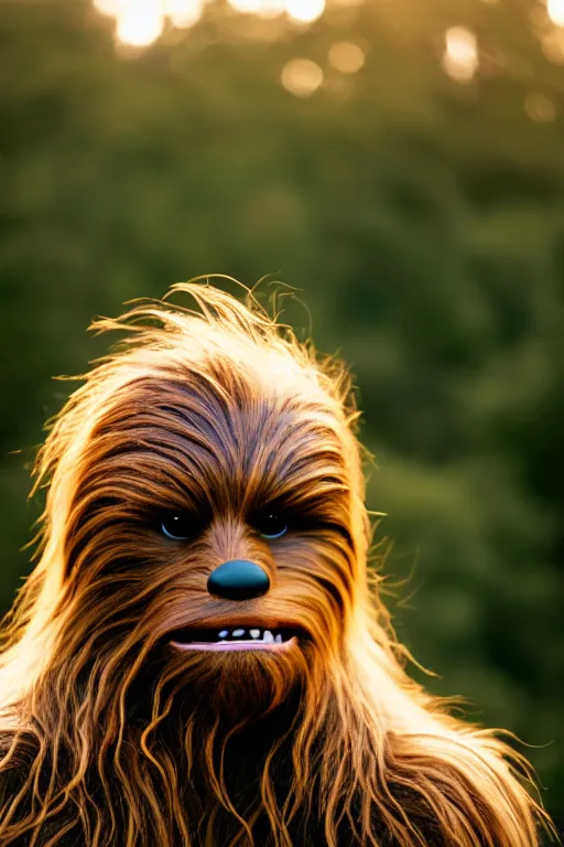Image similar to photographic portrait of chewbacca suffering from male pattern baldness, cinematic photography, 35mm, evening light