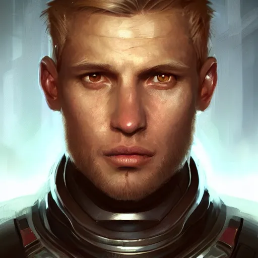 Image similar to portrait of a man with scared expression by greg rutkowski, he is about 3 0 years old, short blond hair, athletic and strong, straight jaw, wearing futuristic space gear, highly detailed portrait, digital painting, artstation, concept art, smooth, sharp foccus ilustration, artstation hq.