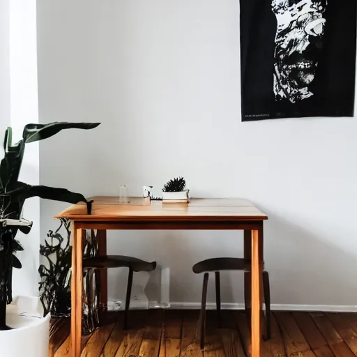 Image similar to a room with a chair, a table, and a speaker, unsplash, postminimalism, aesthetic, cluttered