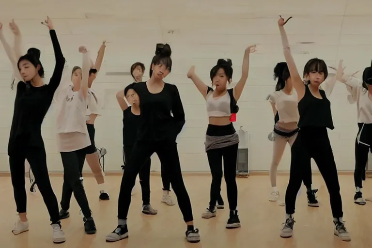 Prompt: a kpop girl group dance practice