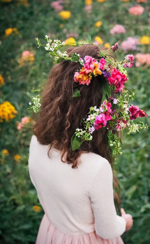 Prompt: portrait of a beautiful young girl with A LOT of flowers in her hair, beautiful composition, modern color palette, 50mm f1.8, ambient light,