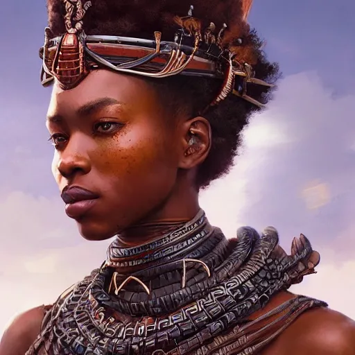 Image similar to african warrior queen, detailed portrait, intricate complexity, by greg rutkowski, artgerm, ross tran, conrad roset, takato yomamoto, ilya kuvshinov. 4 k, beautiful, cinematic dramatic atmosphere