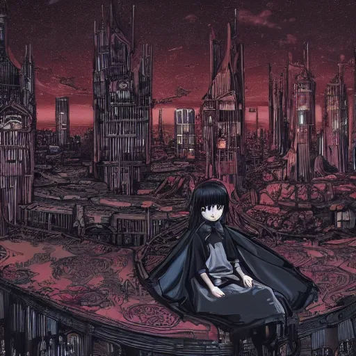 Image similar to young sad victorian gothic manga child with big eyes and wide grin sitting on a sofa of bones surrounded by a cyber futuristic cityscape made of human body parts, digital matte illustration by dan mumford, ultra detailed, 8 k resolution, beautiful lighting, expansive detailed layered city, landscape