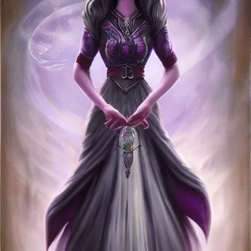 Image similar to a woman in a long dress holding a ball in her hand, concept art by anne stokes, featured on cgsociety, fantasy art, wiccan, dark and mysterious, mystical