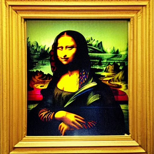 Image similar to drunk monkey drawing on mona lisa with crayons in the louvre, [ photoreal ]