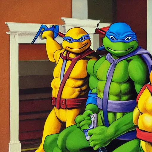 Image similar to teenage mutant ninja turtles inside of a blockbuster painted by edward hopper