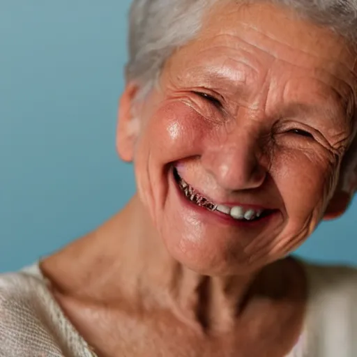 Image similar to an old woman smiling. she has a thin transparent oxygen tubing under her nose