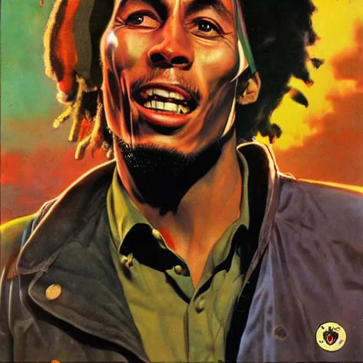 Image similar to scifi Bob Marley by Robert McGinnis, pulp comic style, circa 1958, photorealism