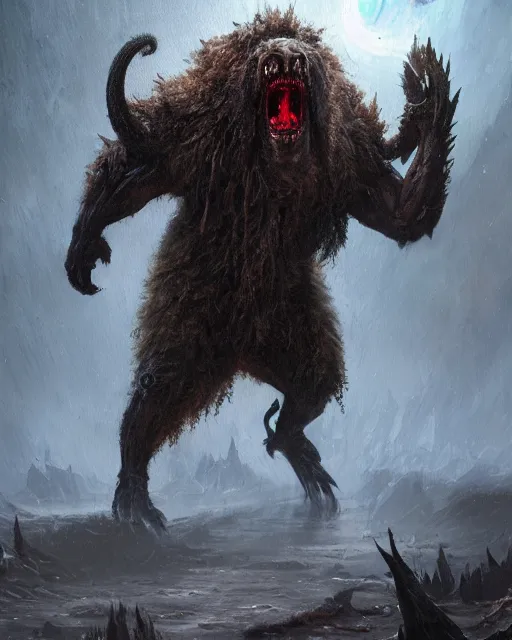 Image similar to oil painting of Angry Lovecraftian Beast Berserker, wearing fur armor, claws, sharp focus, attack pose, fantasy style, octane render, volumetric lighting, 8k high definition, by greg rutkowski, highly detailed, trending on art Station, magic the gathering artwork, spaceship hallway background, centered, horror, sci-fi atmosphere