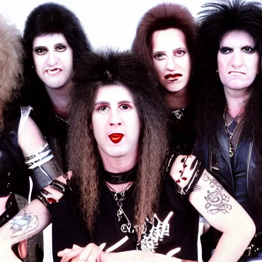 Prompt: a 1 9 8 0 s hair metal band with exaggerated stage makeup, promo photo, fine detailed, photorealistic, portrait