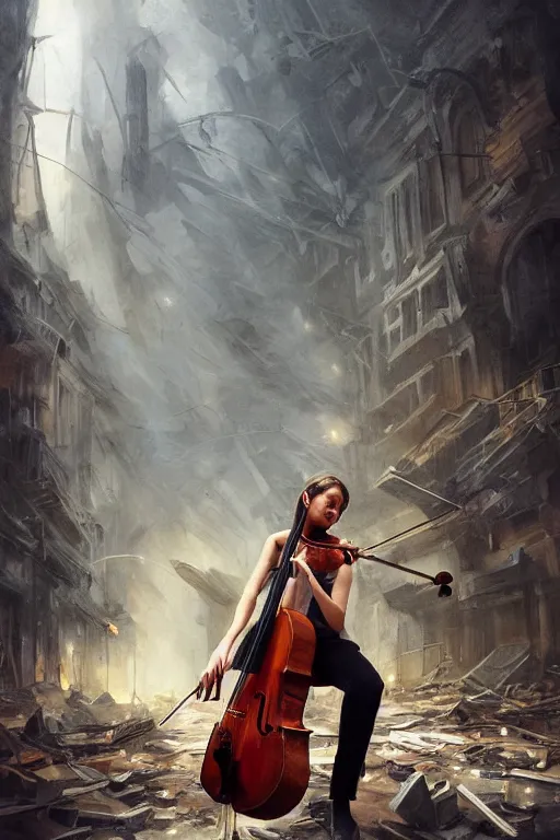 Image similar to a portrait of a cellist playing in the rubble of a fallen building, beautifully lit, slightly surreal, concept art, sharp focus, artstation