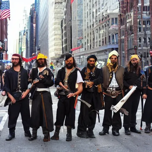 Prompt: real pirates standing with they swords ready in the middle of the road in new york city.