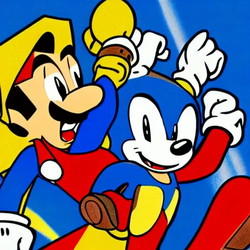 Image similar to 1940s disney film about super mario and sonic the hedgehog