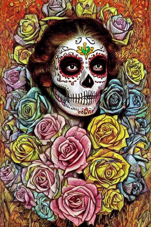 Image similar to Illustration of a sugar skull day of the dead girl, art by william holman hunt