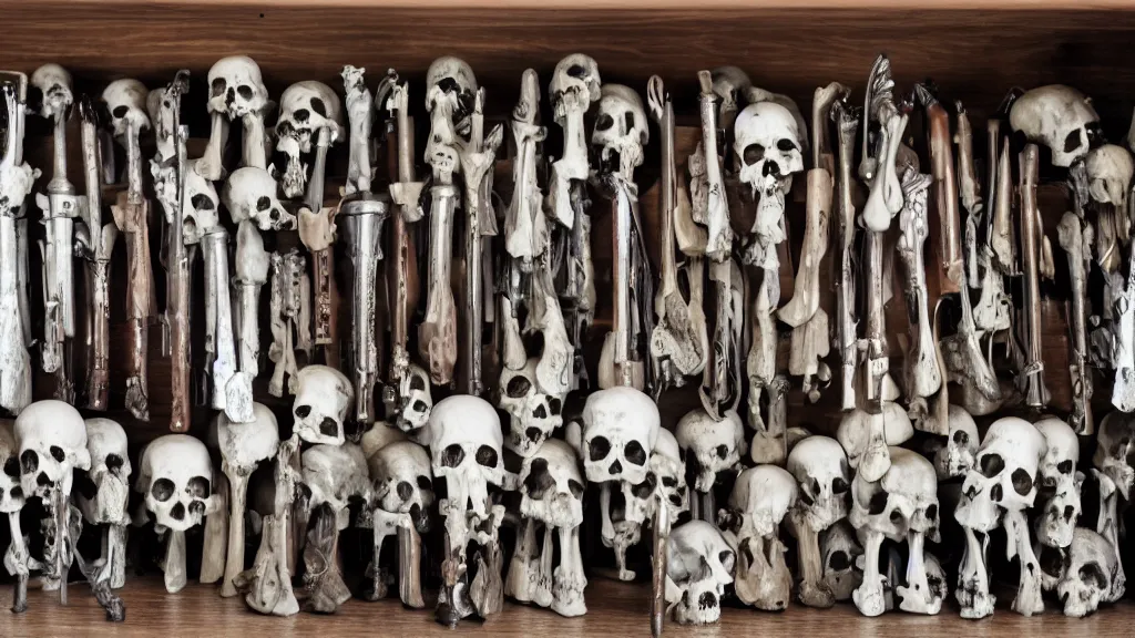 Image similar to A shelf of vampire skulls, silver vampire-hunting guns and wooden stakes