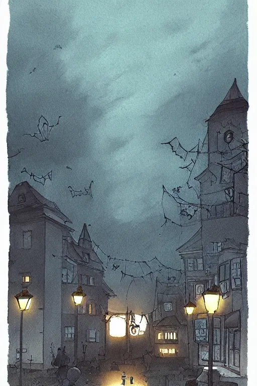 Prompt: foggy halloween night, small town. cell shaded digital illustration by studio ghibli, beatrice blue, zedig, akihiko yoshida