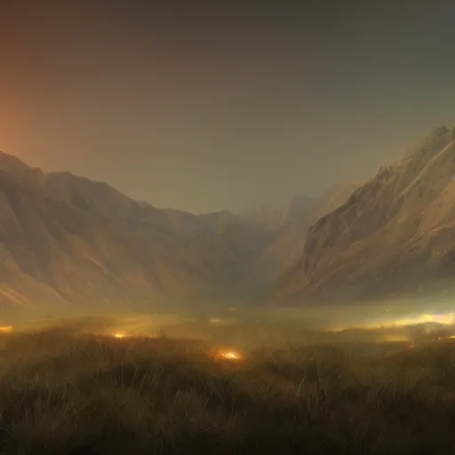 Prompt: huge valley, creepy valley, extreme drama, distant glow, hdr, movie still, fully photorealistic, artstation, beautiful concept art, sharp luminescent focus, nd 6, sony fx 6, glowing luminescent invocations