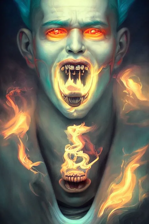 Image similar to portrait of a man with smoke demon coming from mouth, by artgerm, tom bagshaw, gerald brom, vaporwave!, vaporwave colors!, lo fi colors, vaporwave!, lo fi, 4 k, hd,