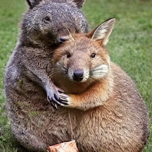 Image similar to wombat sitting on a fox, cute, realistic