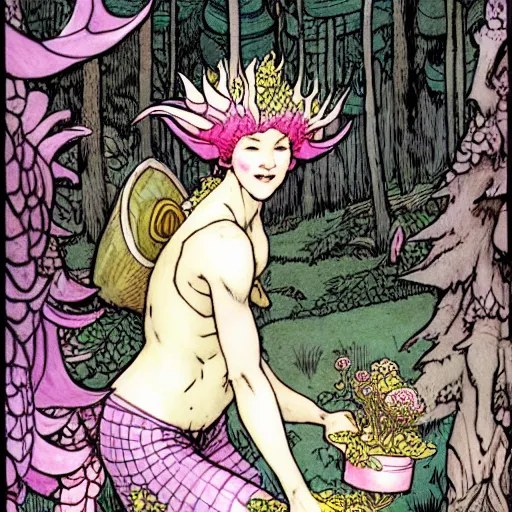 Prompt: A cute pink-scaled dragon-girl Herbalist collecting flowers in the forest. Absurdly-detailed fantasy character illustration by Rebecca Guay and Wayne Reynolds