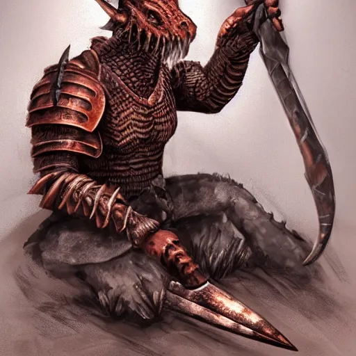 Prompt: a wounded, copper, scaly dragonborn barbarian with a lot of battlescars sitting down, slouched over and mourning the death of his friend, concept art, render