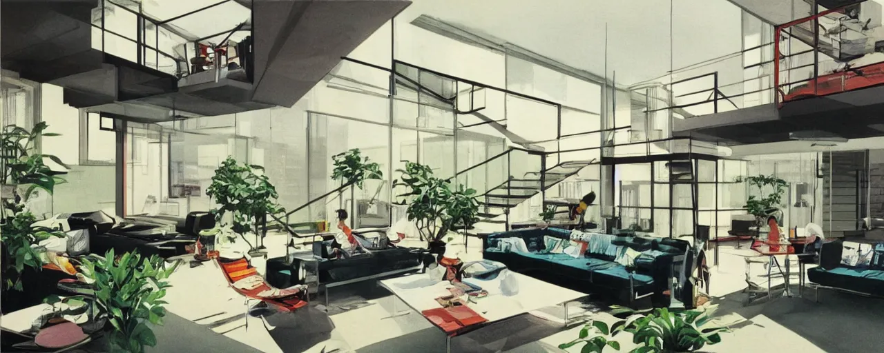 Prompt: interior of a loft, living room with split levels, mezzanine, plants and patio, 1970 furniture, bauhaus, concept art by syd mead