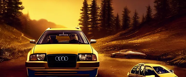 Prompt: Audi A4 B6 Avant (2002), a gritty neo-noir, dramatic bright lighting, cinematic, establishing shot, extremely high detail, photorealistic, cinematic lighting, artstation, by simon stalenhag, Palmont City canyon road, touge, At night