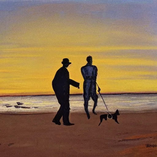 Image similar to fauvist painting of a man walking with a metal detector and a dog on a danish beach at sunset,