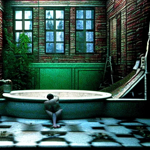 Prompt: hyperrealism photography computer simulation visualisation of parallel dark universe detailed old bath in the detailed ukrainian village garden in dramatic scene from movie the big lebowski ( 1 9 9 8 ) by taras shevchenko and alejandro jodorowsky and andrei tarkovsky