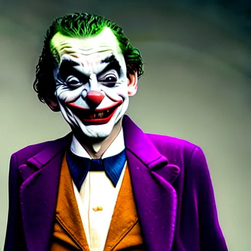 Image similar to mr. bean as the joker. movie still. cinematic lighting.