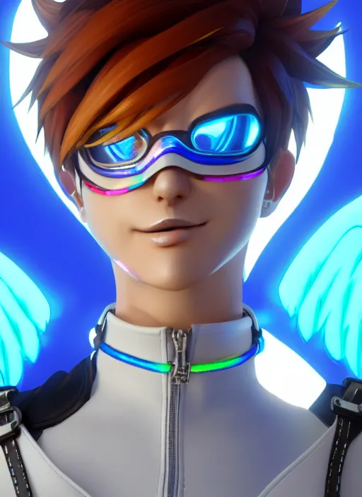 Image similar to portrait bust digital artwork of tracer overwatch, wearing white iridescent rainbow latex and leather straps catsuit outfit, 4 k, expressive happy smug expression, makeup, in style of mark arian, angel wings, wearing detailed black leather collar, chains, black leather harness, detailed face and eyes,