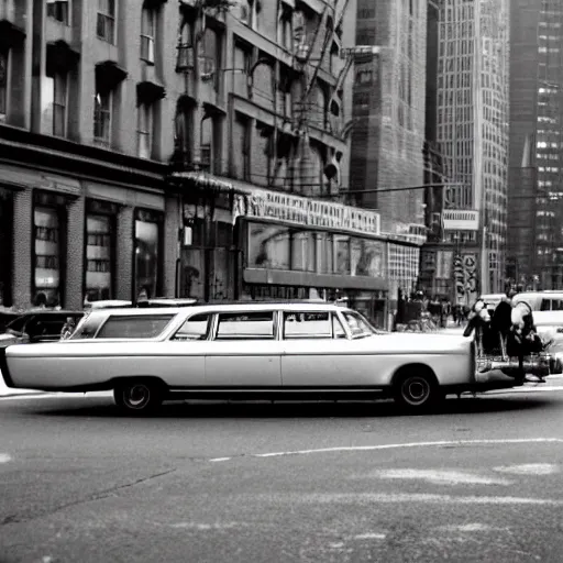 Prompt: stock photo of a sixties limousine driving in new york, by getty images