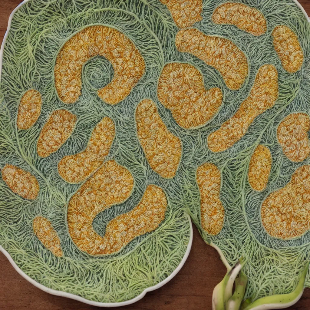 Image similar to circular fractal embroidered bananas that grow like coral, inside art nouveau plate with petal shape, big leaves and banana stems, roots. closeup, hyper real, food photography, high quality