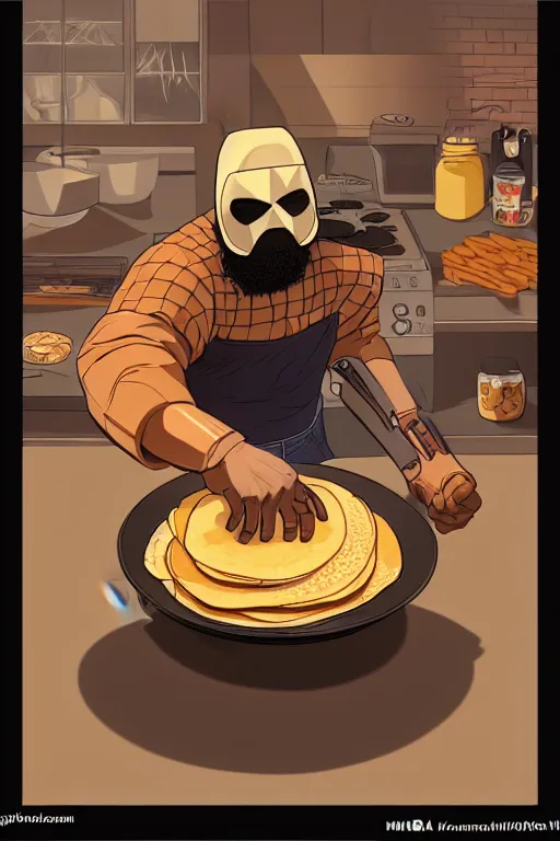 Image similar to professional photographic shoot mf doom making pancakes, animation pixar style, by pendleton ward, magali villeneuve, artgerm, rob rey and kentaro miura style, golden ratio, trending on art station